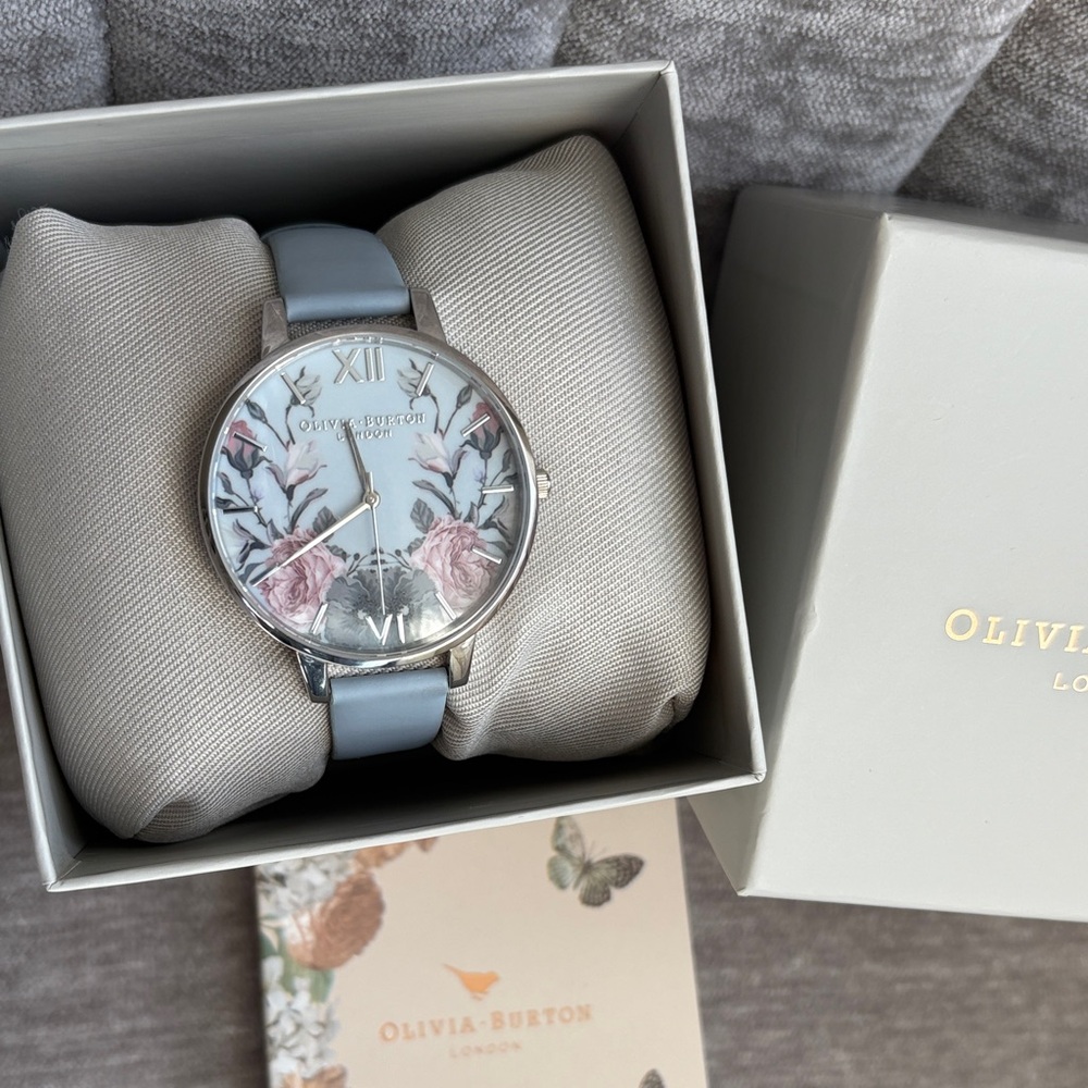 Olivia Burton Floral Watch - Silver/Light Blue Leather Strap - Picture 3 of 11